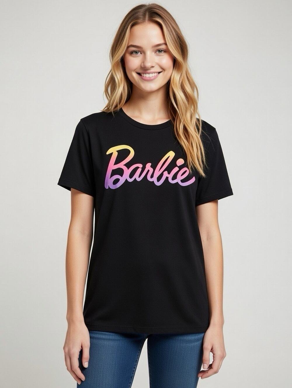 Mattel T-Shirt Top Pullover Barbie Trendy Logo Graphic Print Black Cotton Sz L